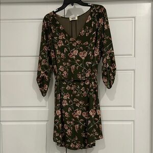 Elegant Long Sleeve Floral Dress in Green and Pink
